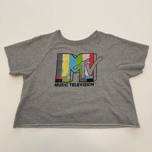 MTV‎ Music Television Cropped Raw Hem Gray Graphic Tee Shirt Size M